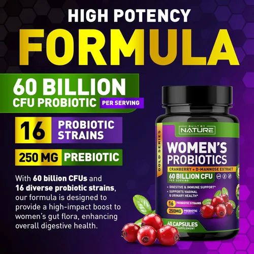 Miniatura 3 de Probióticos para mujeres – 60 mil millones de UFC, 16 cepas, con arándano, D-manosa y prebióticos – Apoya la salud digestiva, inmune y vaginal – Sin