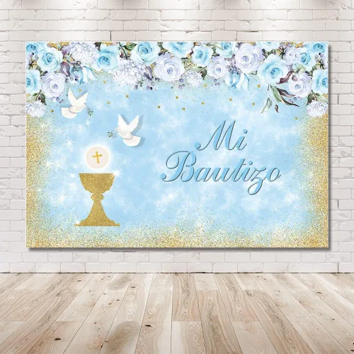 Miniatura 6 de MEHOFOND Mi Bautizo - Telón de fondo para fiesta de bautismo para niños, fondo de fotografía de fondo dorado con texto en inglés "Bless Bles", Azul