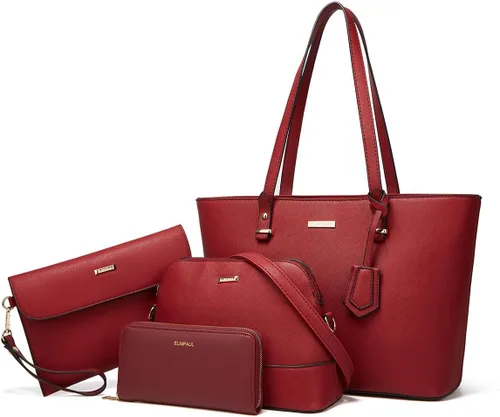 Miniatura 19 de Juego de 4 bolsas modernos para mujer de cuero sintético: bolso tote, bolso de hombro, bolso de mano y cartera.