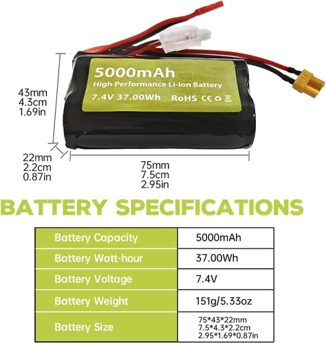 Miniatura 2 de Batería de iones de litio 2 piezas 7.4V 5000mah 2S con enchufe JST y enchufe XT30 con 1 cargador 2 en 1 para TX16S, TX18S, RC4GS, RC6GS, TX12