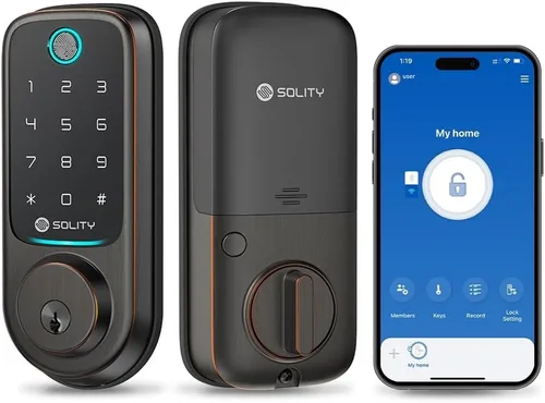 Miniatura 10 de Solity Cerradura digital inteligente sin concentrador, entrada sin llave 5 en 1, huella digital, Wi-Fi, control remoto, teclado de pantalla táctil
