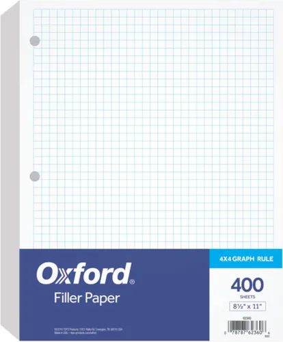 Papel de Relleno Oxford, 8-1/2" x 11", Cuadrícula 4 x 4, 3 Agujeros Perforados, Hojas Sueltas para Carpetas de 3 Anillas, 400 Hojas por Paquete
