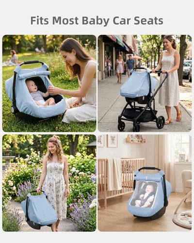 Miniatura 5 de Rquite Funda de asiento de automóvil para bebé, niña, niño, 100% muselina de algodón, toldo transpirable a prueba de viento con ventana de malla