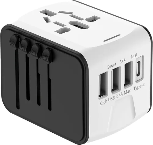 ISIX Adaptador de viaje internacional Adaptador de corriente universal en todo el mundo todo en uno 4 USB perfecto para Europa EE. UU., UE, Reino
