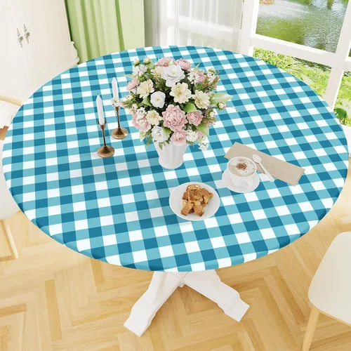 Miniatura 26 de Smiry - Mantel redondo de picnic de vinilo elástico impermeable con respaldo de franela, mantel de vinilo ajustable para mesas de 31-35 pulgadas