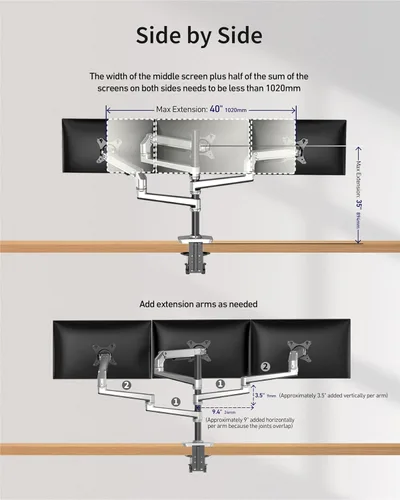 Miniatura 5 de Ergounion - Soporte de escritorio para tres monitores, soporta pantallas de hasta 40 pulgadas y 25 libras, soporte de escritorio totalmente Plateado