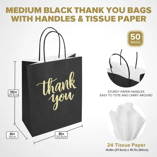 Miniatura 4 de DjinnGlory Paquete de 50 bolsas de papel de agradecimiento negras de tamaño mediano con asas de 10 x 8 x 4 pulgadas y papel de seda blanco para Negro
