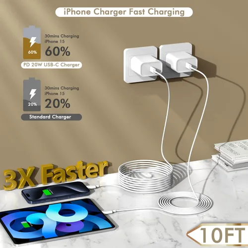 Miniatura 2 de Cargador para iPhone 16 y 15 de carga rápida, paquete de 2 cables USBC a C de 10 pies extra largo con 20 W Apple iPad USB C cargador rápido USB C