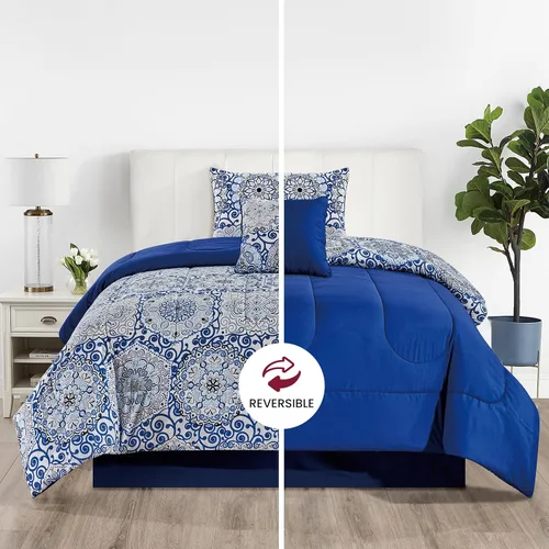 Miniatura 8 de Juego de colcha reversible LUX Décor de 4 piezas para cama individual, juego de ropa de cama impresa, microfibra en una bolsa, incluye 1 edredón, 1