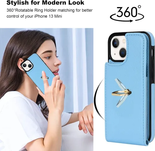 Miniatura 3 de Folosu Funda compatible con iPhone 13 Mini con soporte para tarjetas, rotación de 360°, soporte de anillo de dedo con función atril, protección Azul
