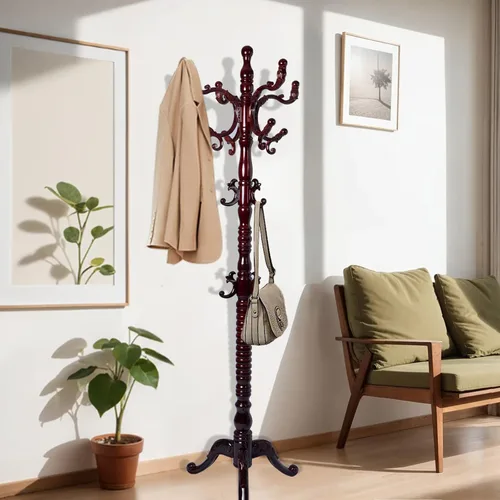 Miniatura 15 de Perchero de madera de 73 pulgadas, perchero independiente con base redonda estable, altura ajustable, para el hogar, dormitorio, oficina, pasillo