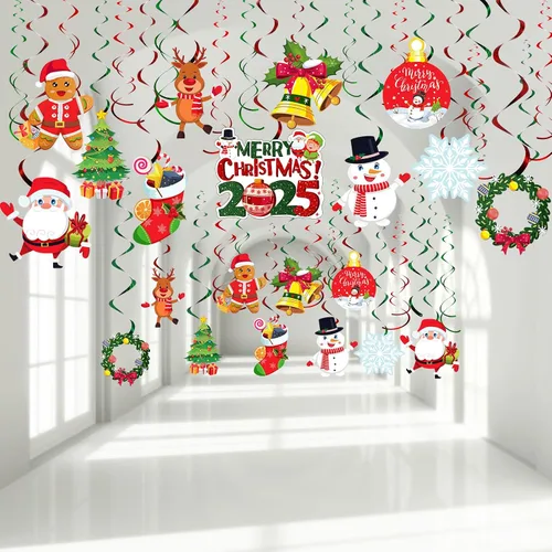 Juego de 30 piezas de decoraciones navideñas colgantes de remolinos de papel de aluminio, letrero de muñeco de nieve y alce, remolinos colgantes,