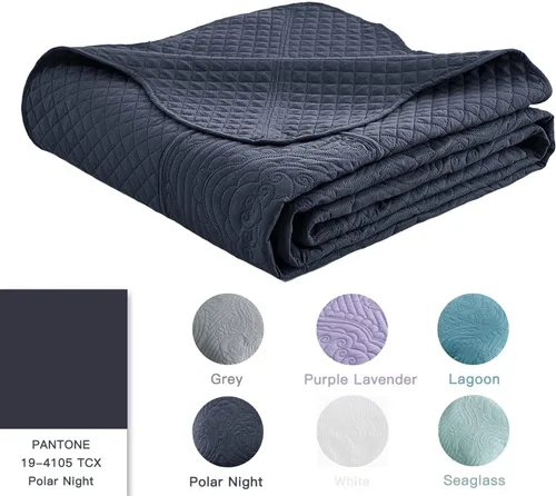 Miniatura 4 de HZ & HY Colcha tamaño King extragrande, juego de ropa de cama ultrasónica, edredón ligero y delgado, reversible, 5 piezas, 100% microfibra, azul