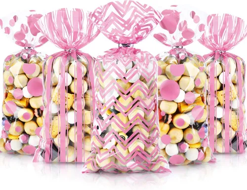 Blulu 105 bolsas de celofán rosa de 10.8 x 5 pulgadas, bolsas de plástico para dulces, bolsas de golosinas a rayas de lunares, envoltura de regalo