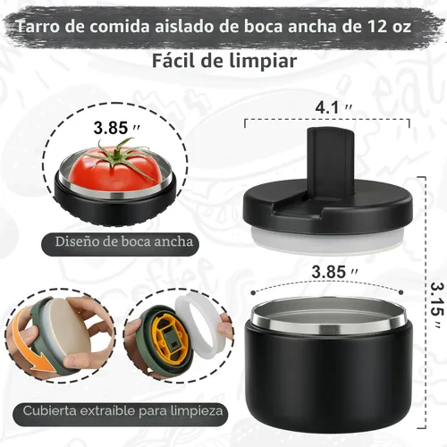 Miniatura 3 de Pawtong Tarro de comida aislado al vacío de 12 onzas con tapa de hebilla, termo de sopa de boca ancha para comida caliente para niños, contenedor