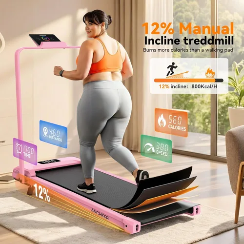 Miniatura 2 de ANCHEER Cinta de correr con inclinación del 12%/15% de 3.5HP, máquina plegable para debajo del escritorio con barra de mano, capacidad de 320-450lb