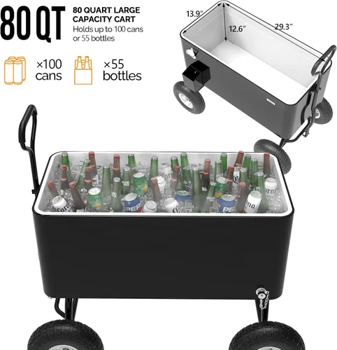 Miniatura 4 de VINGLI Caja Refrigeradora Rodante de 80 Cuartos de Galón, con Mango Largo y Ruedas de 10 Pulgadas, Portabebidas Portátil para Playa, Patio, Fiesta