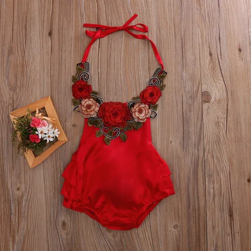 Miniatura 2 de Mrs.Baker'Home Baby Girl 3D Flower Applique Halter Floral Romper,Backless Bodysuit,Ruffle Sunsuit