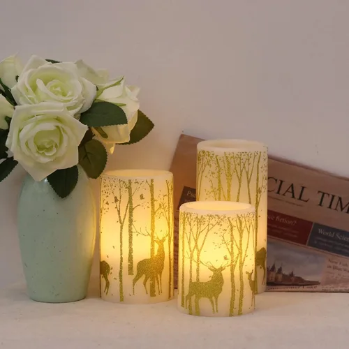 Miniatura 3 de Wondise Velas parpadeantes sin llama con temporizador, funcionan con pilas, cera real, con calcomanía de ciervo dorado, velas LED para decoración
