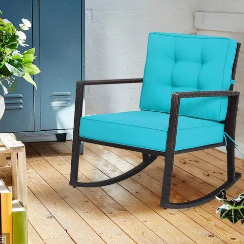 Miniatura 8 de DORTALA Silla mecedora de ratán, 2 piezas, silla de mimbre para exteriores con marco de acero resistente, asiento de muebles de mimbre para patio
