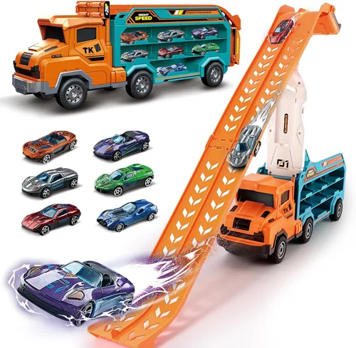 Juguetes de camión para niños pequeños, camión transportador de automóvil de juguete para niños de 3 a 5 4 a 8 años, juegos de pista de autos Naranja