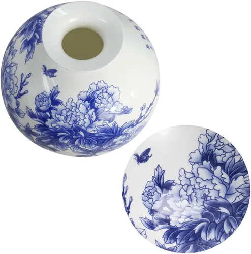 Miniatura 4 de Dahlia Jarrón azul y blanco, florero hecho a mano de porcelana de hueso, pájaros en arbusto de peonía, forma de granada 6.5 pulgadas