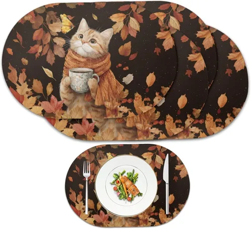 Miniatura 12 de Non Slip Placemats Set of 6 Pumpkin Mushroom Theme Waterproof Wipeable Faux Leather for Thanksgiving Family Feast Heat Resistant Dining Table Mats