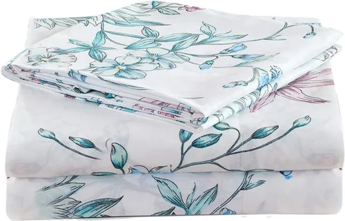 Miniatura 38 de JSD Juego de sábanas con estampado floral azul, tamaño Queen, 4 piezas, sábanas de microfibra con patrón suave, bolsillo extra profundo Sakura