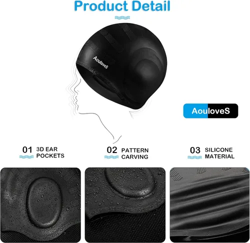 Miniatura 2 de Paquete de 2 gorros de natación unisex con protección 3D para los oídos, gorras de natación de silicona duraderas para mujeres, hombres, adultos