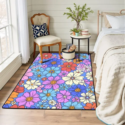 Miniatura 7 de Alfombra colorida estilo retro de los años 60 y 70 dibujada a mano, floral, lila, púrpura, flores, alfombra de juego para exteriores, alfombra