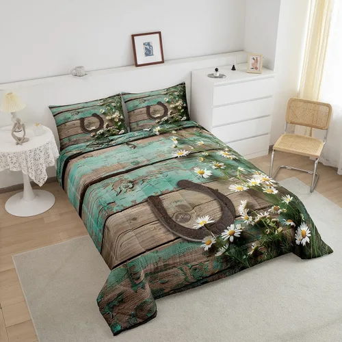 Miniatura 5 de Juego de ropa de cama rústica de granja color verde azulado con puerta de granero de madera, edredón de plumas tamaño Queen, decoración occidental