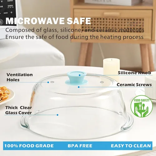 Miniatura 5 de Tapa alta de vidrio para microondas contra salpicaduras para alimentos con orificio de ventilación 100% segura para alimentos, tapa protectora