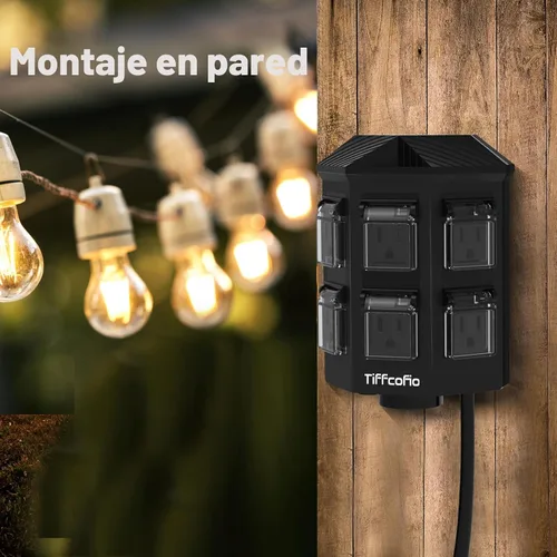 Miniatura 7 de TiFFCOFiO Regleta de Alimentación para Exteriores Resistente a la Intemperie, Cable de Extensión de 25 Pies con Estaca, 6 Enchufes con Conexión a