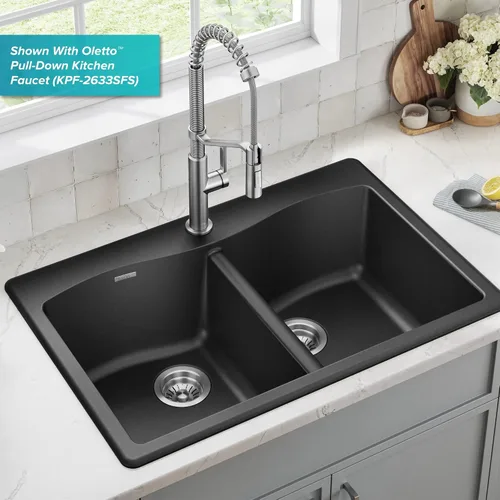 Miniatura 8 de Kraus Forteza - Fregadero de cocina de doble seno 50/50 de granito de instalación empotrada/sobre encimera, 33 pulgadas, color negro (KGD-52BLACK)