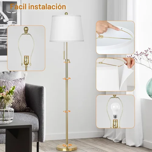 Miniatura 5 de JUNNAI Lámpara de pie dorada para sala de estar, lámpara de pie alta de 55 a 65 pulgadas, ajustable, moderna, de latón, para dormitorio, lectura