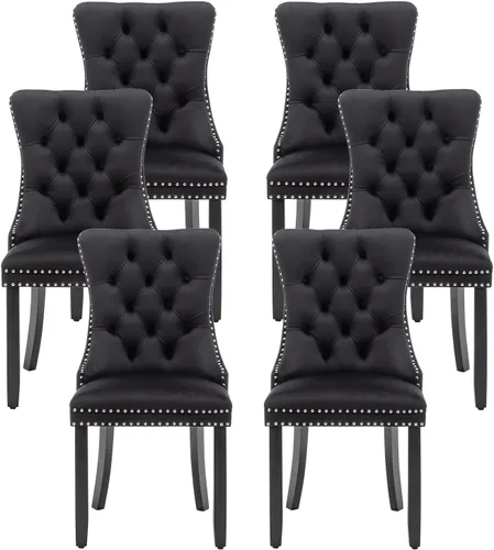 Miniatura 11 de Juego de 6 sillas de comedor de cuero, sillas de comedor tapizadas con ribete de cabeza de clavo y patas de madera maciza, silla auxiliar de comedor