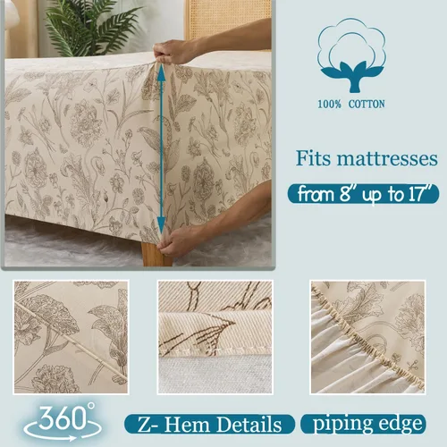 Miniatura 2 de Zusbest Juego de sábanas de tamaño King de 100% algodón percal, color beige floral, cepilladas, extra suaves, transpirables, sábanas de franela Caqui