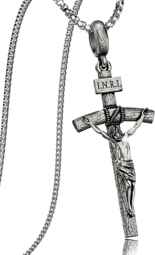 Miniatura 8 de Collar de crucifijo católico para hombres y mujeres, collar de cruz de plata antigua/oro/plata con exquisito colgante de Jesús, cadena de acero