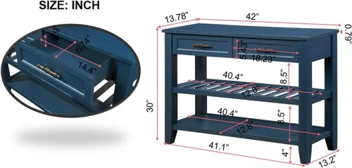 Miniatura 3 de Mesa consola de madera maciza de 42 pulgadas, mesa de sofá de madera de pino con cajones de almacenamiento y estantes, mesa de entrada retro