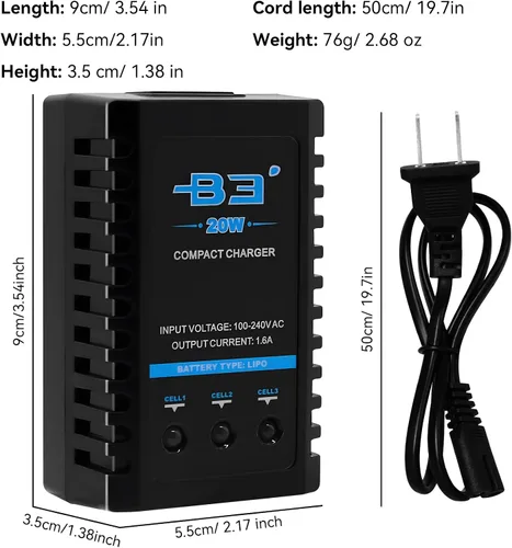 Miniatura 7 de Cargador de batería B3 Lipo - 2S 3S RC Balance Cargadores AC 7.4-11.1V 20W 1.6A con XH3P XH4P Plug para RC Baterías de Coche Drone Barco Avión