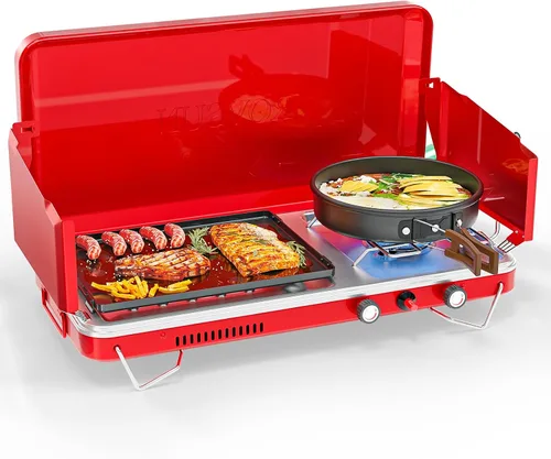 Miniatura 8 de ROVSUN Estufa de camping portátil de 2 quemadores con encendedor, estufa de campamento de propano de 20000 BTU con adaptador, mango integrado