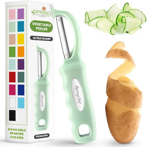 Miniatura 19 de Spring Chef Pelador de verduras giratorio profesional rojo para cocina, peladores de papas de acero inoxidable con mango de agarre suave, perfecto