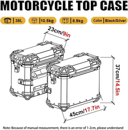 Miniatura 2 de Maletas laterales para motocicleta, 38L de motocicleta de lado duro, alforjas para maletero Tour, maletín lateral negro/plateado