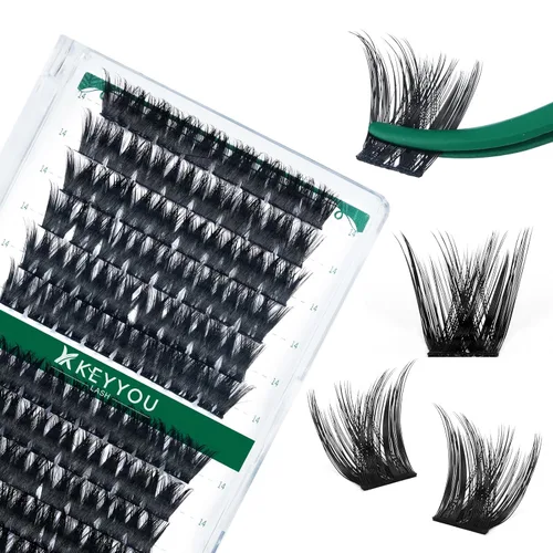 Miniatura 120 de KEYYOU Racimos de pestañas, 96 piezas de extensiones de pestañas DIY, rizado D de 16 mm, negro, realista, no irritante, fácil de colocar en casa