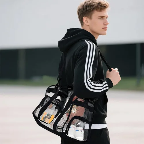 Miniatura 6 de Bolsa de gimnasio transparente grande y resistente con compartimento para zapatos, bolsa deportiva transparente aprobada para estadios con correa