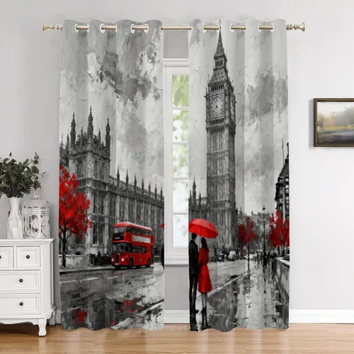 Miniatura 46 de Cortinas opacas de cocina con pintura al óleo de Europa rosa y negra para ventanas, cenefas opacas modernas de torre Eiffel de poliéster multicapa
