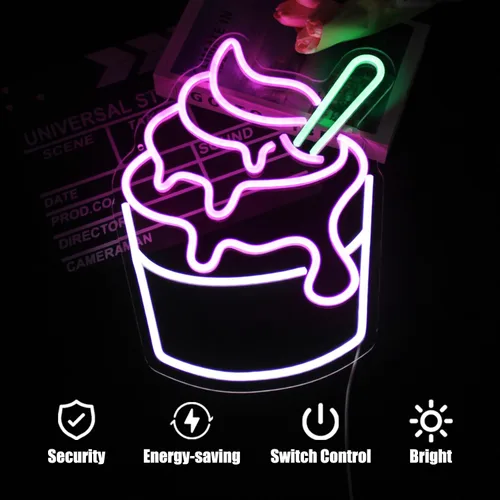 Miniatura 2 de Letrero de neón de helado rosa y blanco Sundae, luces LED de neón, letreros de cupcake de neón para decoración de pared de negocios, letreros LED