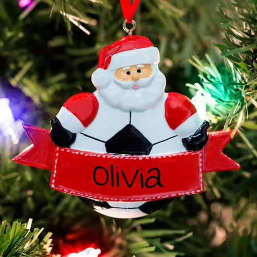 Miniatura 4 de ChalkTalkSPORTS Adorno navideño de resina de Papá Noel de fútbol Adornos de fútbol, Rojo