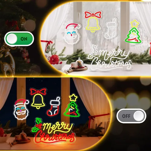 Miniatura 4 de 5 letreros de neón de Navidad con texto en inglés "Merry Christmas", campanas de Papá Noel, árbol de Navidad, luces LED, luces de neón de invierno