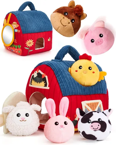 hahaland - Juguetes para bebés de 6-12 meses, juego de granero con animales de peluche de granja, sonajero, papel crujiente, espejo, juguetes